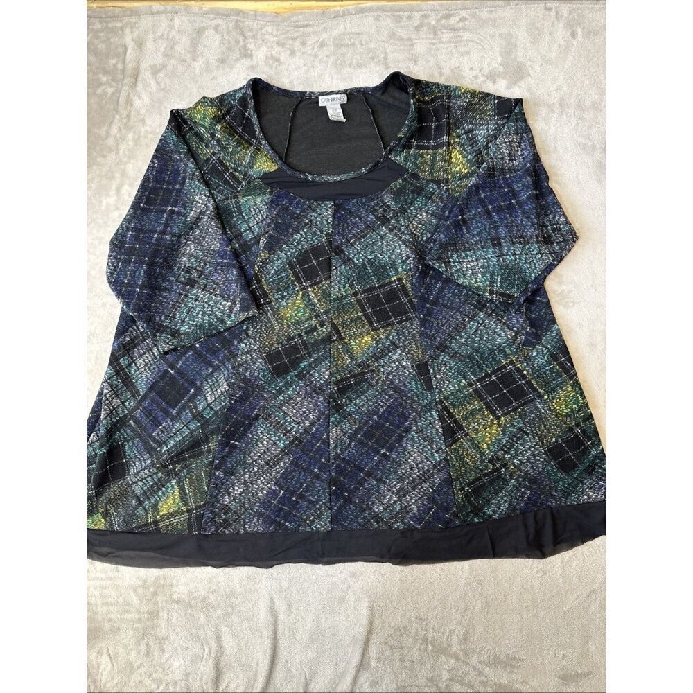 CATHERINES Womens Boho Tunic Blouse Crew Neck 3/4 Sleeve Stretch Green Blue 3X
